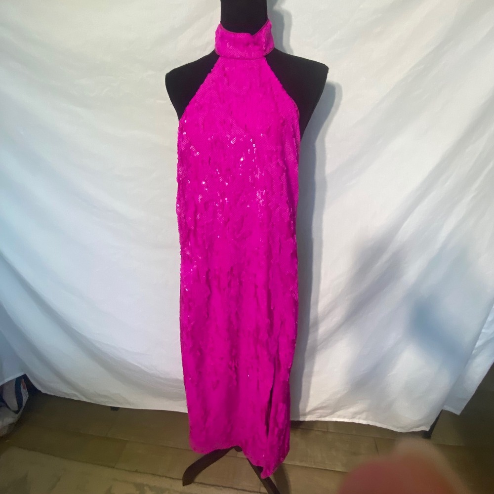 Majorelle Hot Pink Sequin Halter Midi Dress Open Back NWT Size S